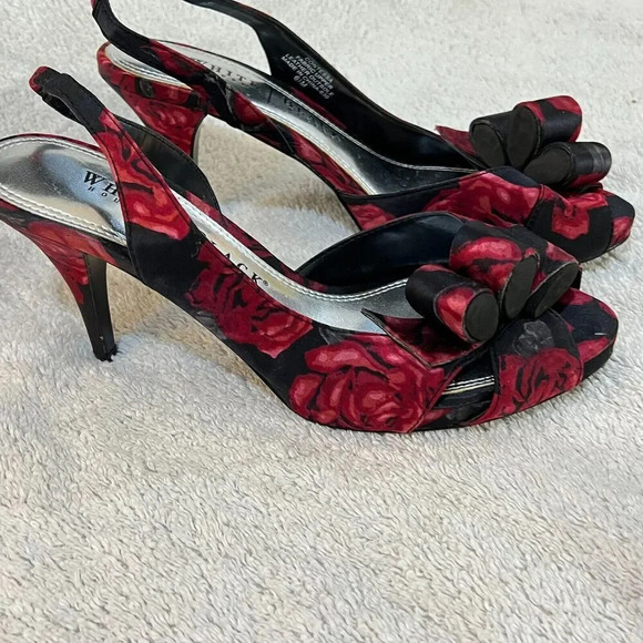 White House Black Market Womens Black Red Slingback Heels 6.5M Floral Peep Toe - Picture 11 of 14